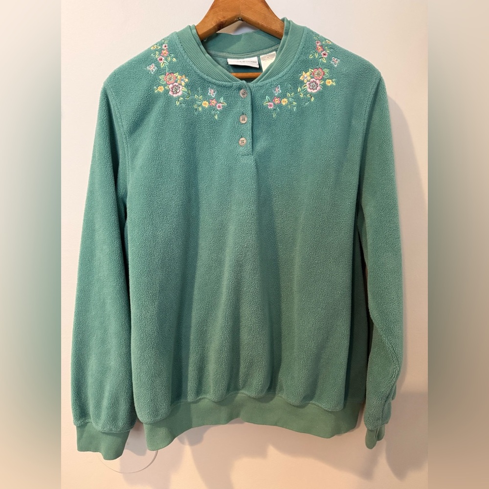 Vintage Alfred Dunner Floral Sage Green Fleece Cozy Sweater Women’s Sz L